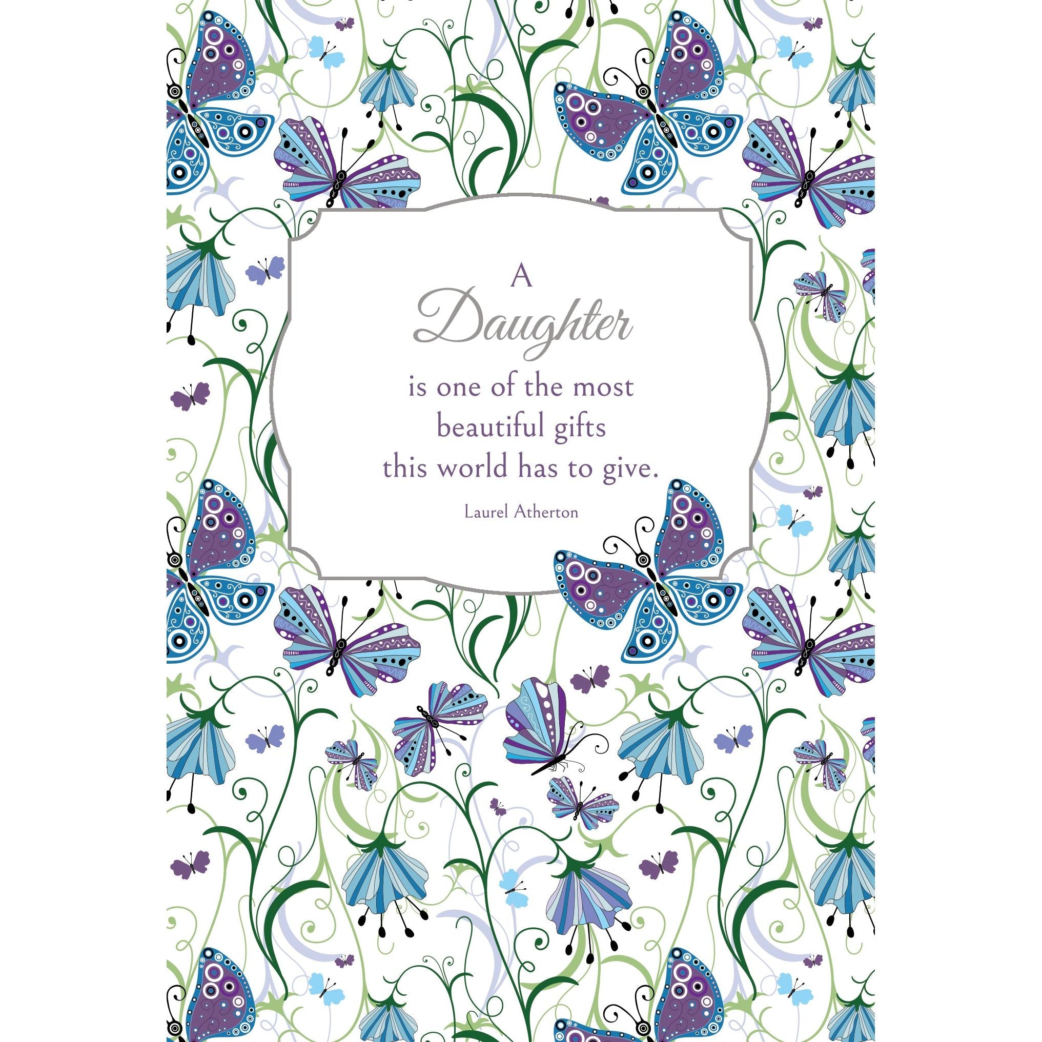 Blue and violet flowers with butterflies birthday card for daughter from Pictura featuring colorful floral and butterfly designs.